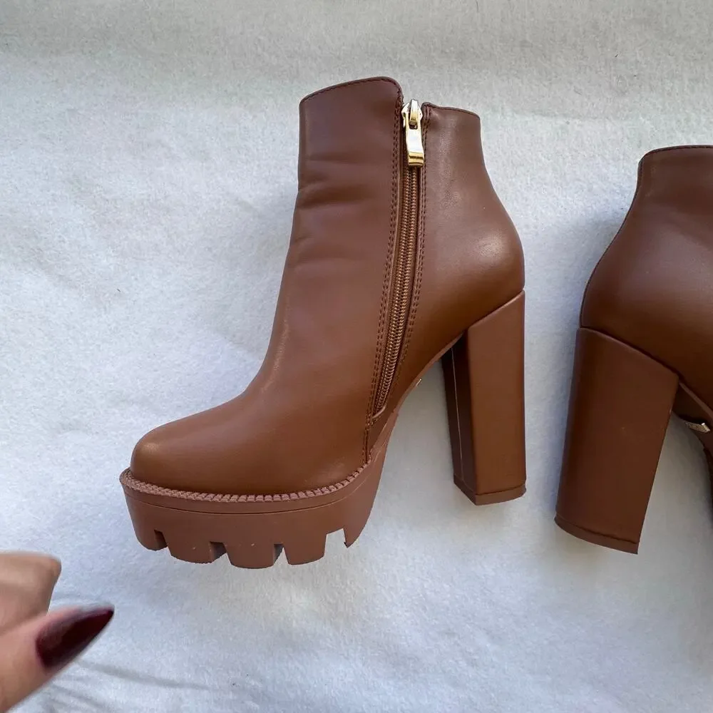 Studio F Chunky Platform Heeled Boots Size 37 – Brown Faux Leather Ankle Boots